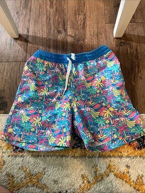chubbies Kids Swim Trunks - Blue Tropical Print with Pink, Yellow, Green